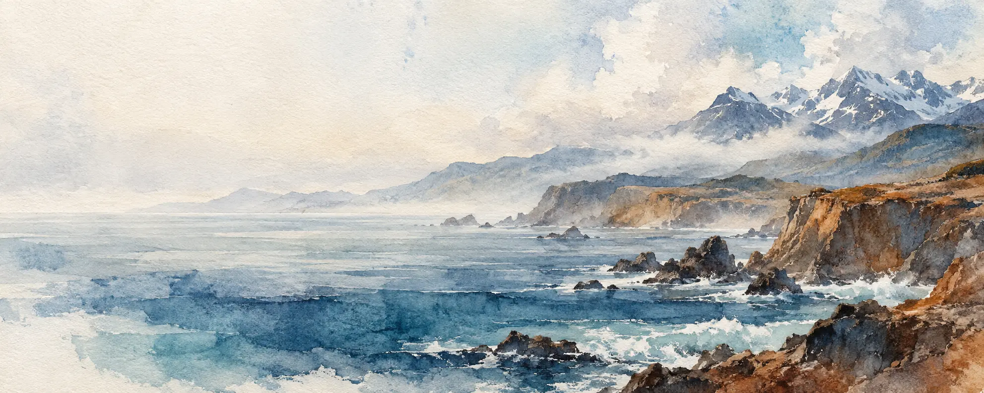 Paisaje costero pintado en acuarela, en azules ultramar y tierras